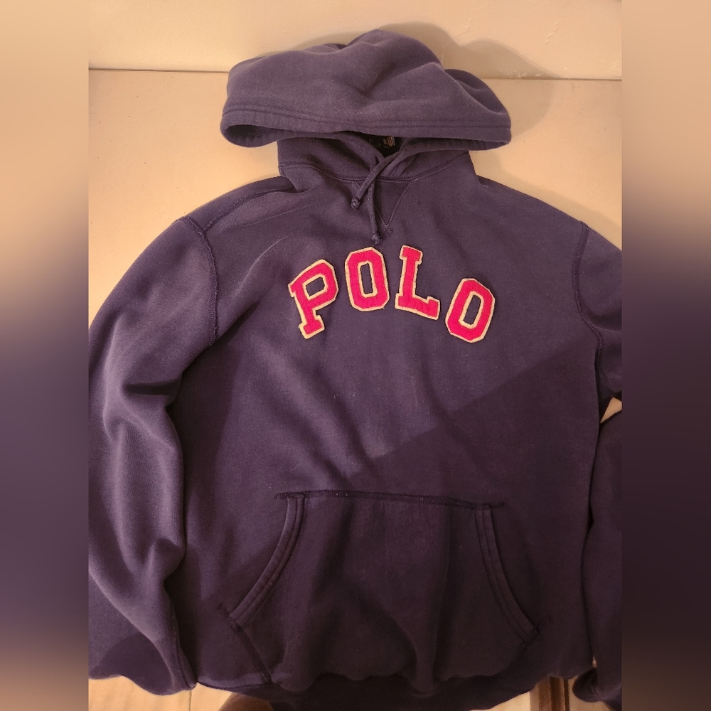 Mens polo ralph lauren pullover hoodie size Xl in navy blue and red polo wording